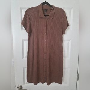 Ribbed Button-Front Polo Dress in Dusty Rose